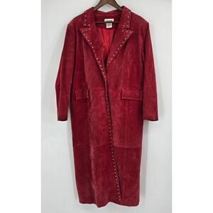 Vintage Bagatelle Studded Suede Trench Coat – Deep Red Leather – Fits L/XL or 1X